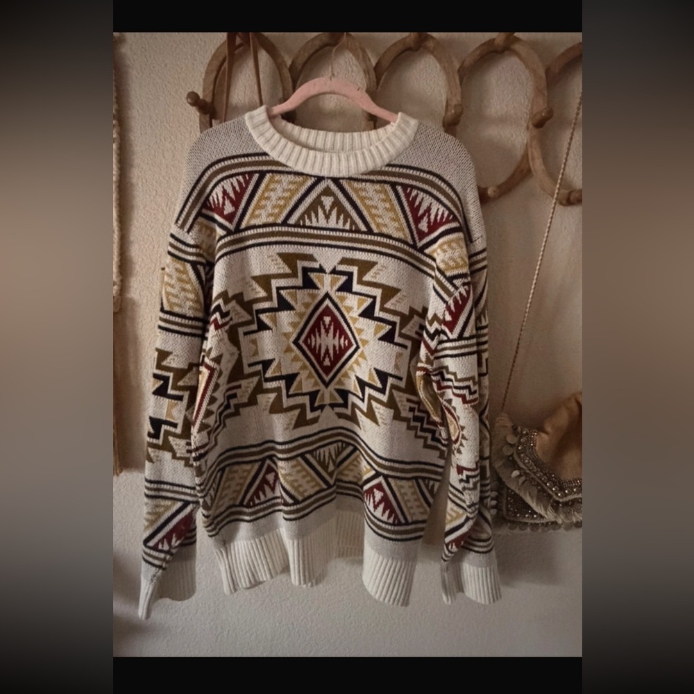 Vintage 70s O'Hanlon Mills Cream Geometric Pattern Sweater size large